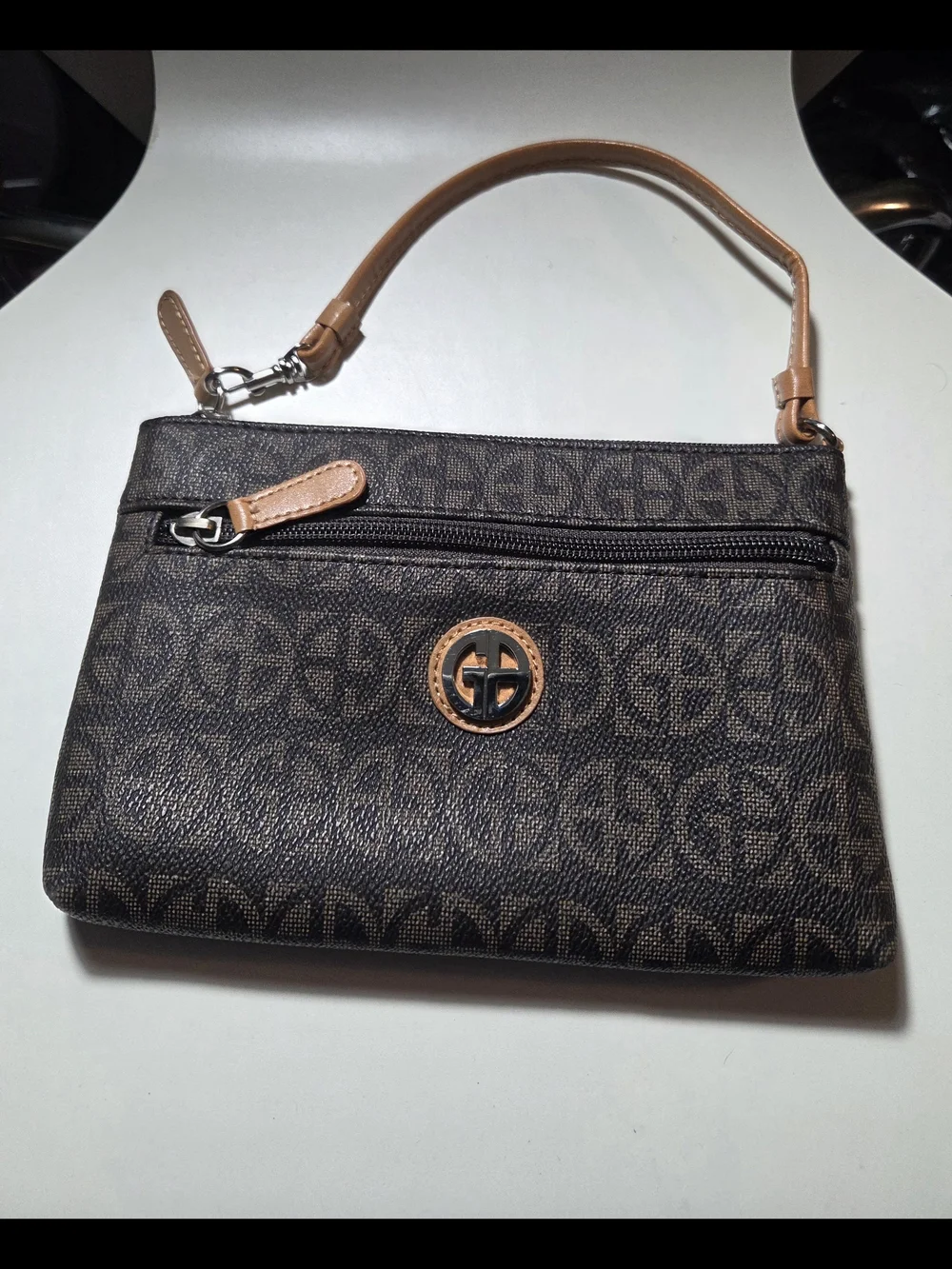 Giani Bernini Brown Monogram Wristlet with Tan Trim